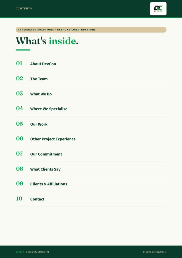 Contents page of the DevCon capability statement