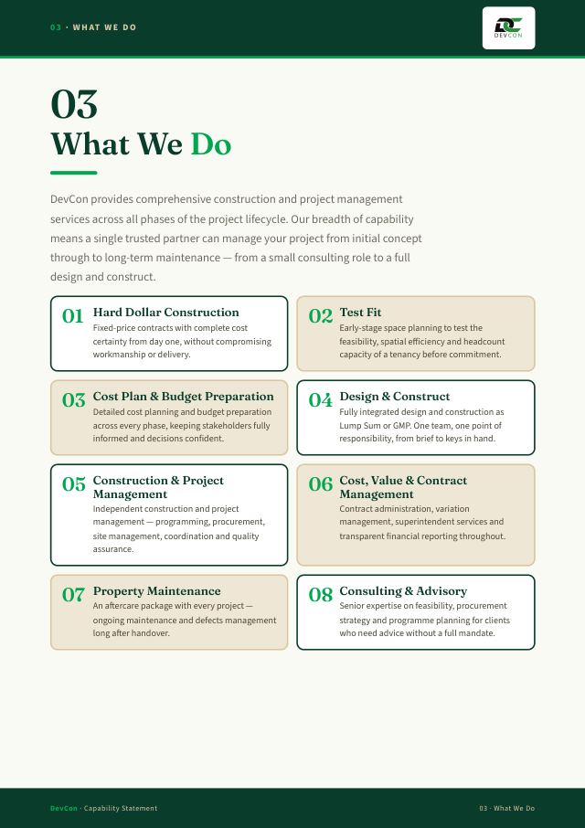 What We Do page of the DevCon capability statement