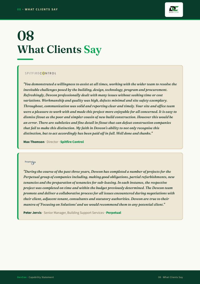 What Clients Say page of the DevCon capability statement