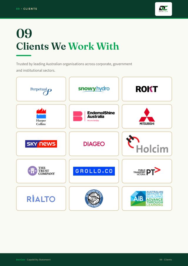 Clients page of the DevCon capability statement